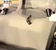 A woman straddles a plate to shit on it. She shits, and it lands on the plate, but the turd slides off onto the floor. About a minute.